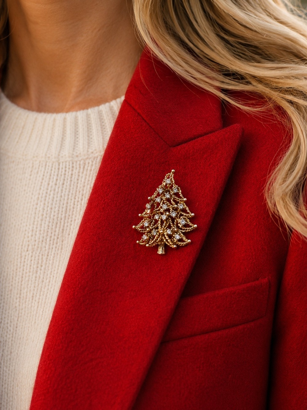 Vintage Christmas Tree Brooch Pin Jeanne Signed Gold Rope Rhinestone MCM 50s